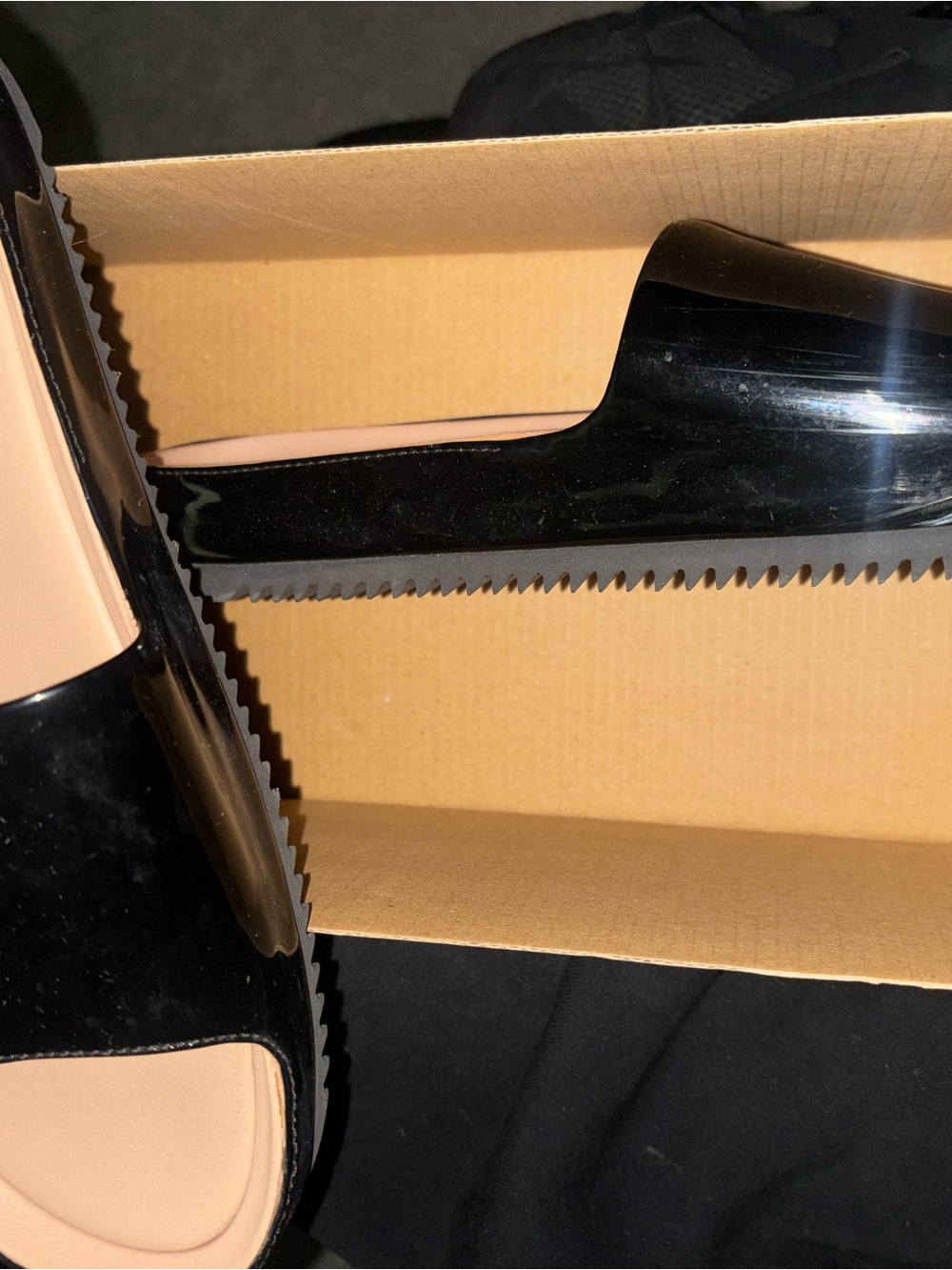 UGG Black Patent Slide Sandals with Nude Insole